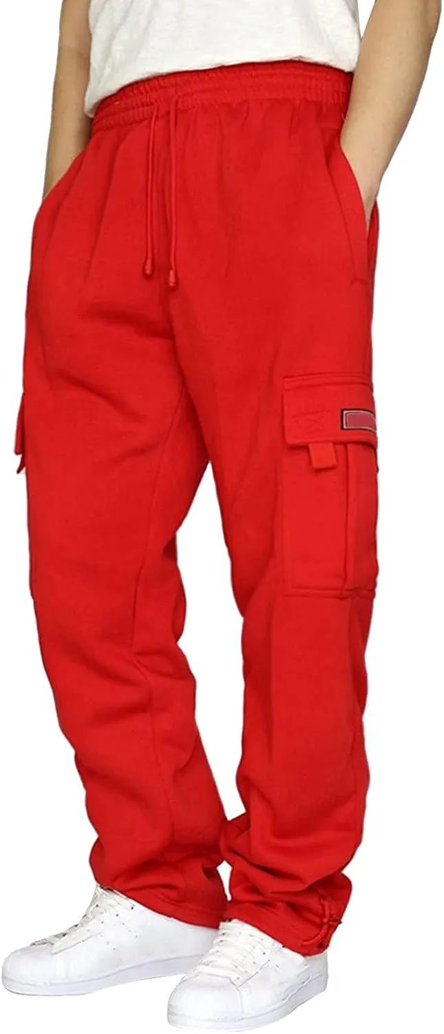 Casual Cargo Sweatpants for Men Plus Size Drawstring Waist Open Bottom Sweatpants Baggy Lounge Pants with Pockets