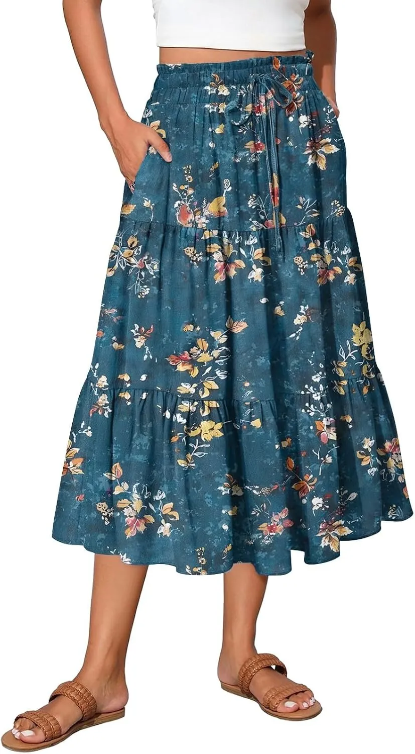 Casual Skirts for Women Summer High Waisted Wrap Midi Skirt Swing A-Line Floral Print Knee Length Skirt with Pockets