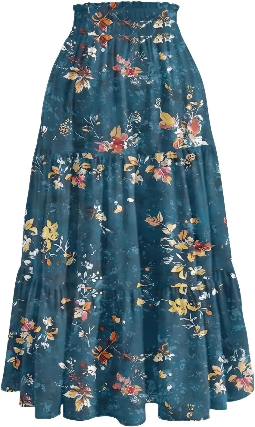 Casual Skirts for Women Summer High Waisted Wrap Midi Skirt Swing A-Line Floral Print Knee Length Skirt with Pockets