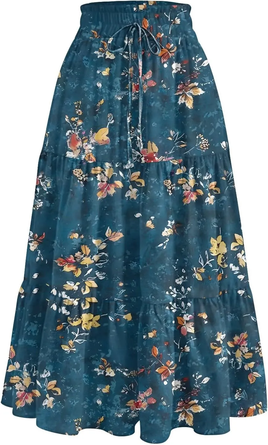 Casual Skirts for Women Summer High Waisted Wrap Midi Skirt Swing A-Line Floral Print Knee Length Skirt with Pockets