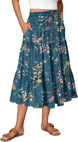 Casual Skirts for Women Summer High Waisted Wrap Midi Skirt Swing A-Line Floral Print Knee Length Skirt with Pockets