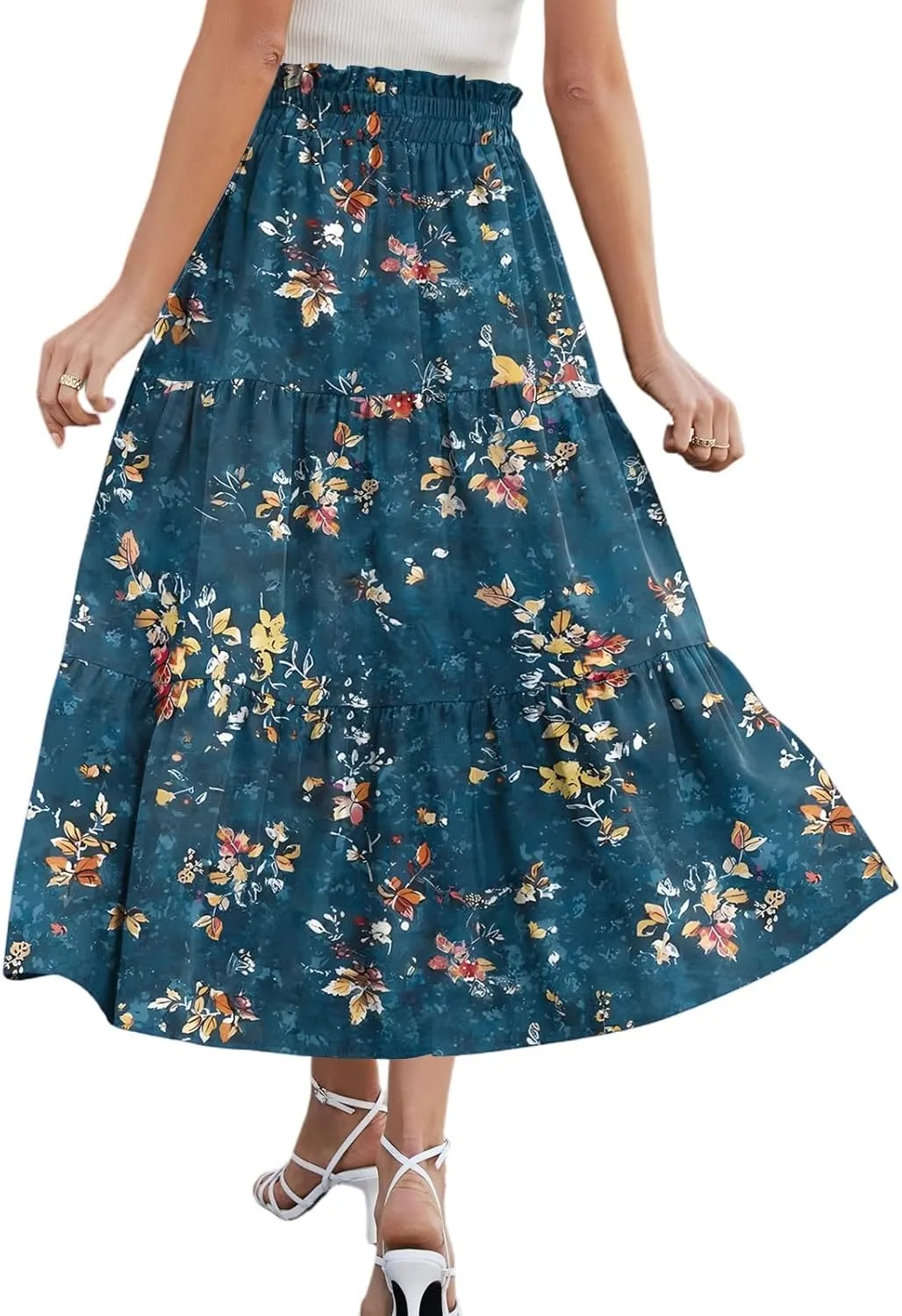 Casual Skirts for Women Summer High Waisted Wrap Midi Skirt Swing A-Line Floral Print Knee Length Skirt with Pockets