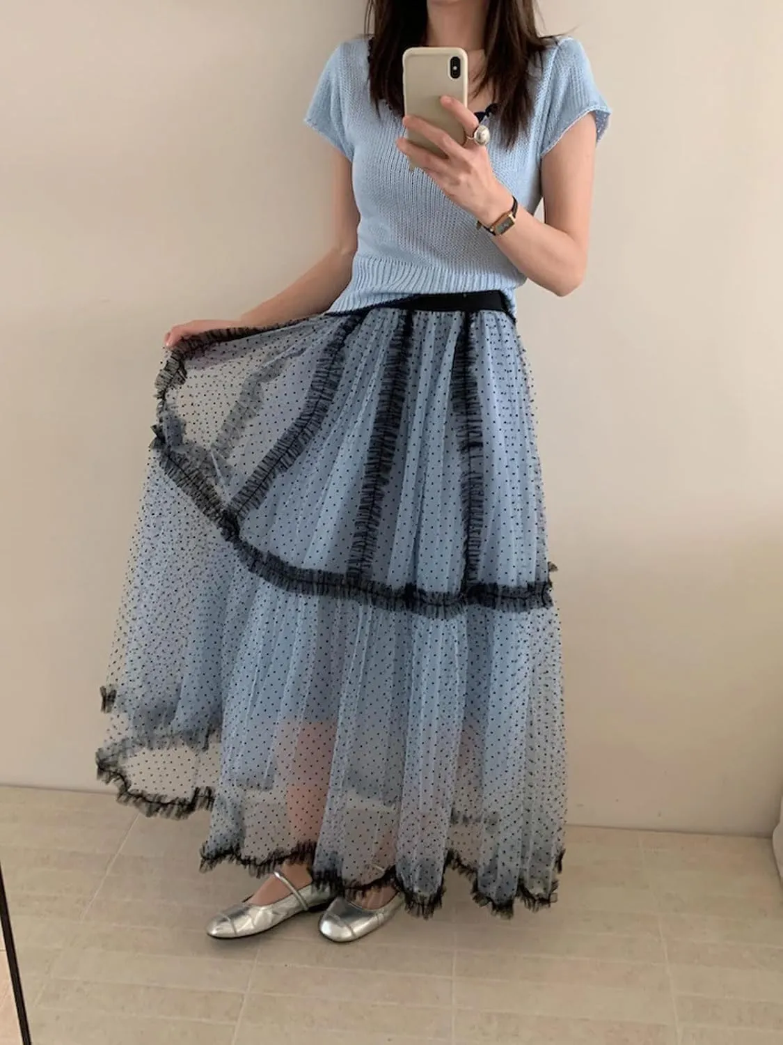 CHARTOU Women Polka Dot Tulle Maxi Skirt Long Flowy Tutu Mesh Lace Ruffle A Line Layered Skirt