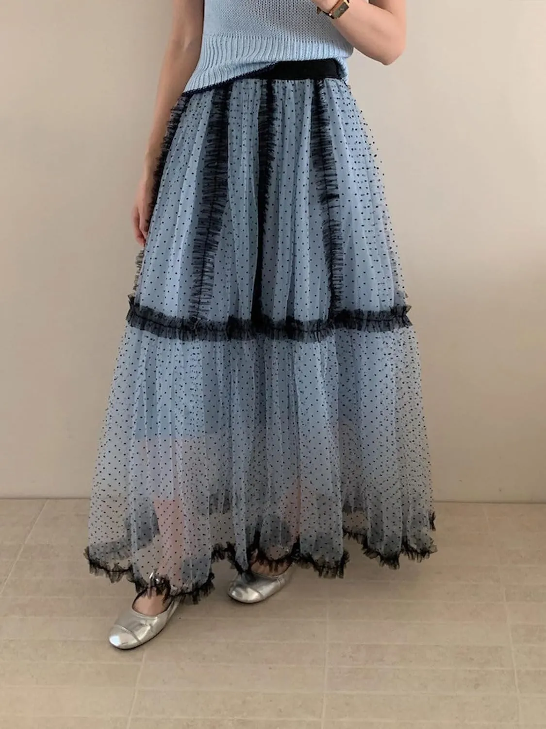 CHARTOU Women Polka Dot Tulle Maxi Skirt Long Flowy Tutu Mesh Lace Ruffle A Line Layered Skirt