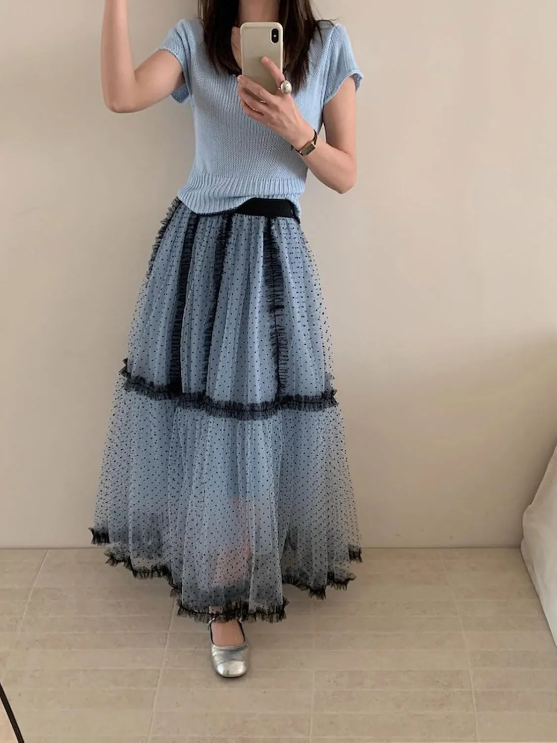 CHARTOU Women Polka Dot Tulle Maxi Skirt Long Flowy Tutu Mesh Lace Ruffle A Line Layered Skirt