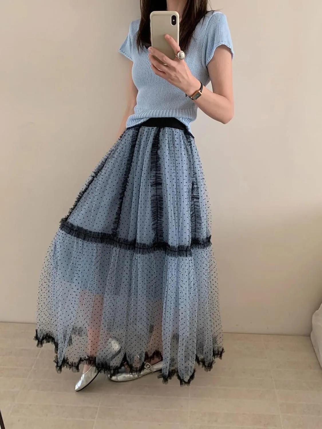 CHARTOU Women Polka Dot Tulle Maxi Skirt Long Flowy Tutu Mesh Lace Ruffle A Line Layered Skirt
