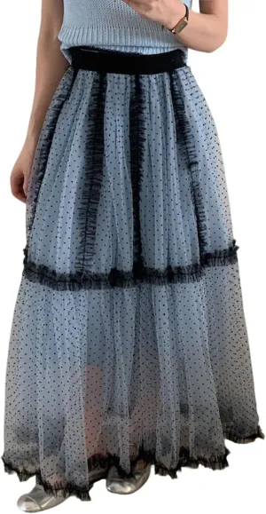 CHARTOU Women Polka Dot Tulle Maxi Skirt Long Flowy Tutu Mesh Lace Ruffle A Line Layered Skirt