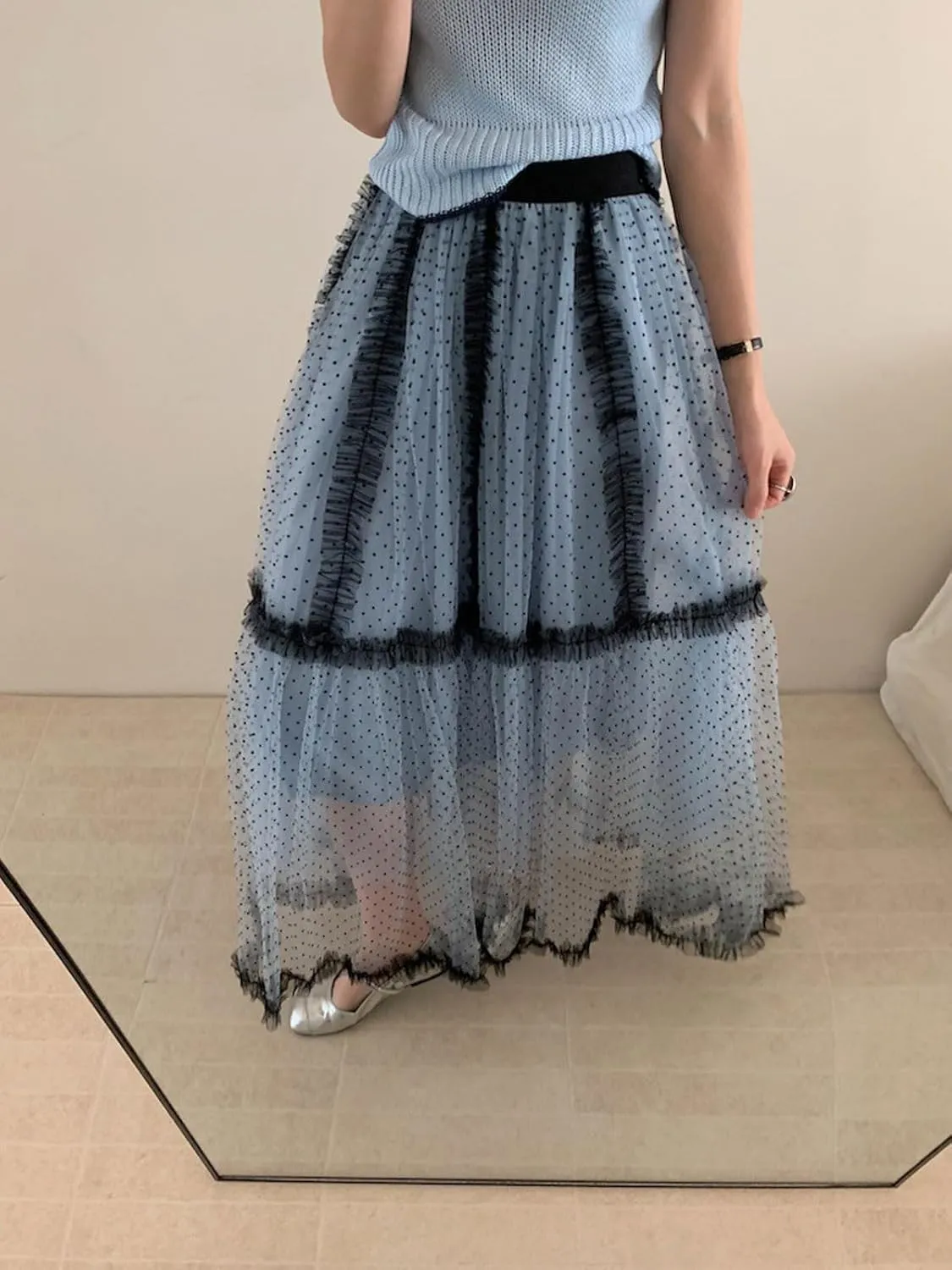 CHARTOU Women Polka Dot Tulle Maxi Skirt Long Flowy Tutu Mesh Lace Ruffle A Line Layered Skirt