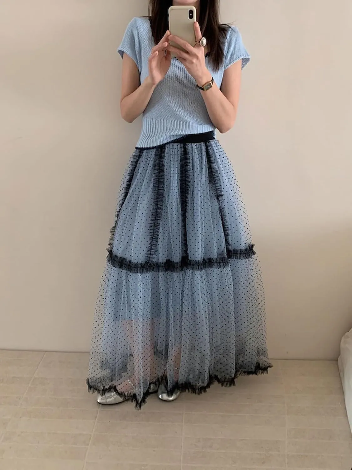 CHARTOU Women Polka Dot Tulle Maxi Skirt Long Flowy Tutu Mesh Lace Ruffle A Line Layered Skirt
