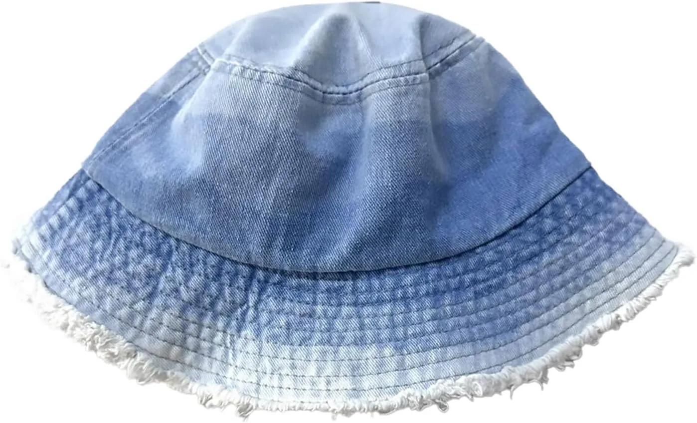 Cotton Denim Frayed Bucket Hats for Women Patchwork Distressed Washed Floppy Jean Fisherman Wide Brim Boonie Caps