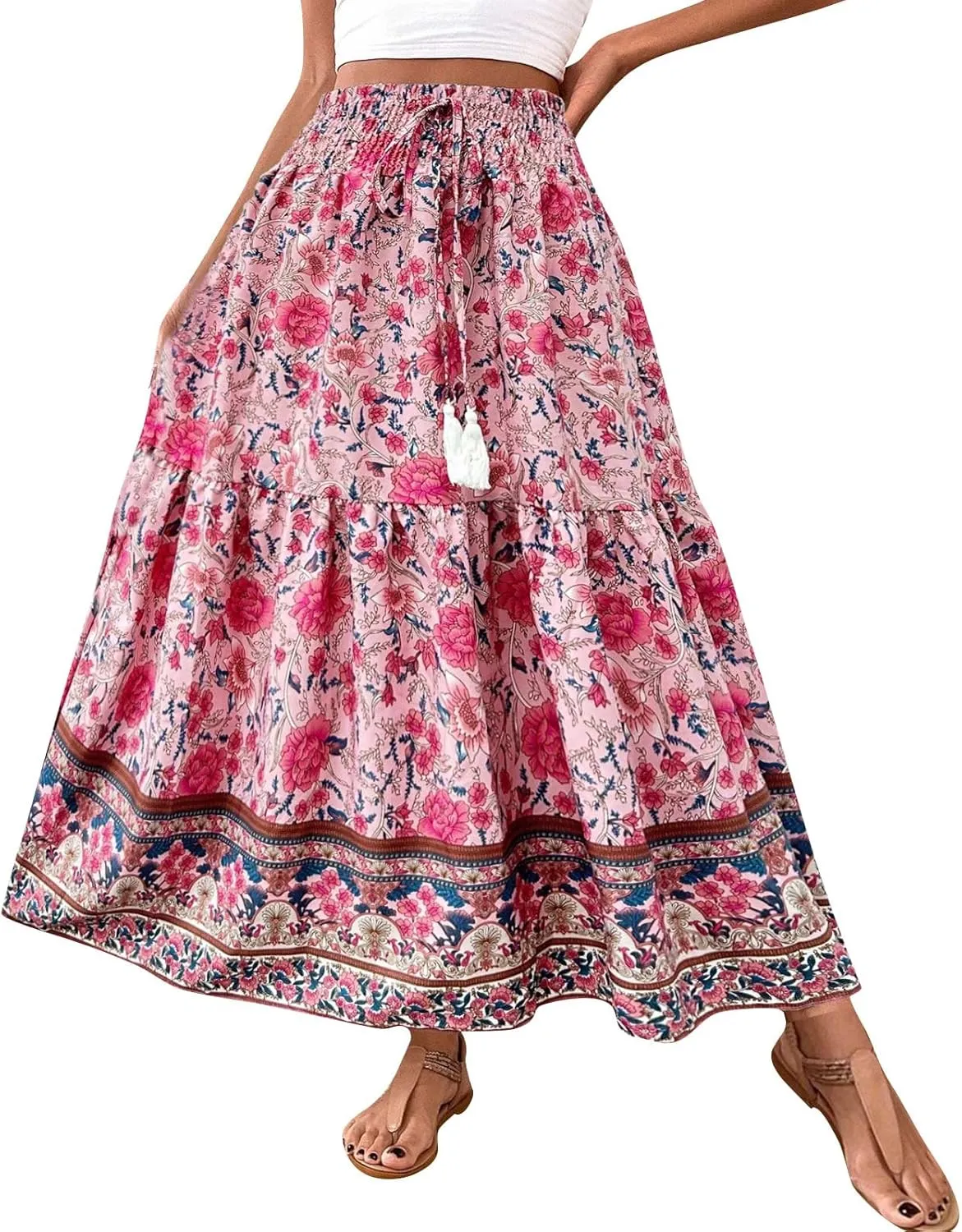 Cotton Skirts for Women High Waist Flowy A-Line Maxi Skirt Bohemian Long Skirt