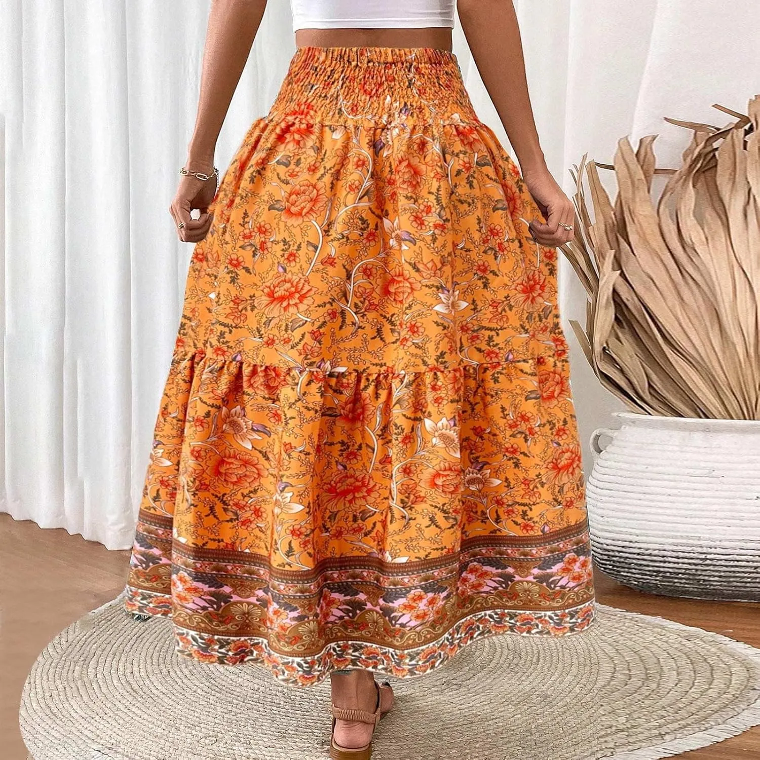 Cotton Skirts for Women High Waist Flowy A-Line Maxi Skirt Bohemian Long Skirt