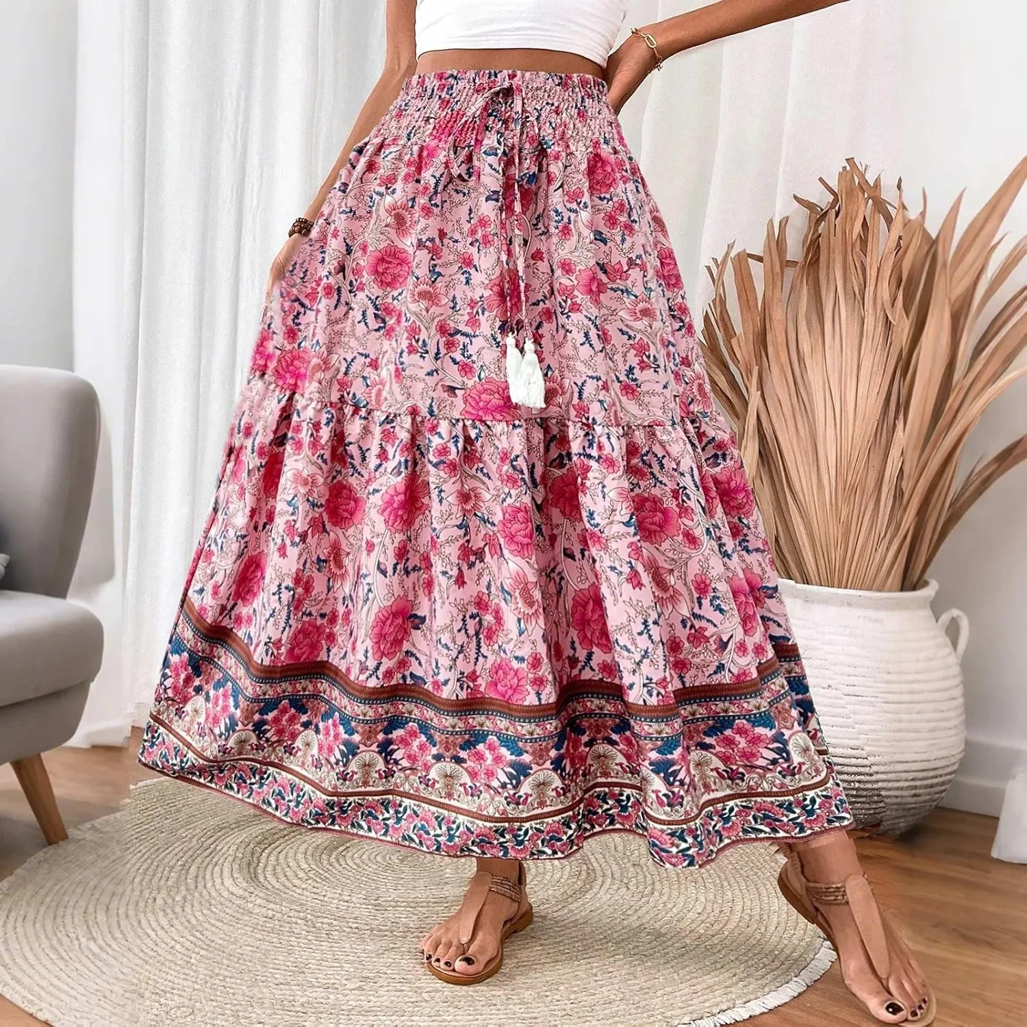 Cotton Skirts for Women High Waist Flowy A-Line Maxi Skirt Bohemian Long Skirt