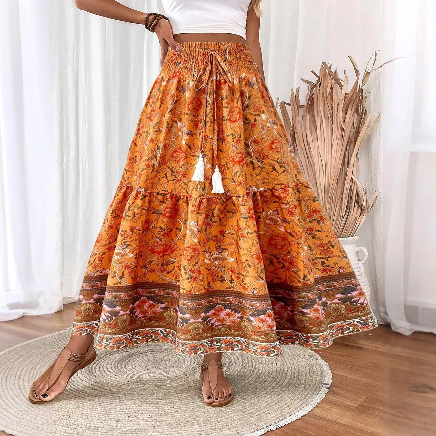 Cotton Skirts for Women High Waist Flowy A-Line Maxi Skirt Bohemian Long Skirt