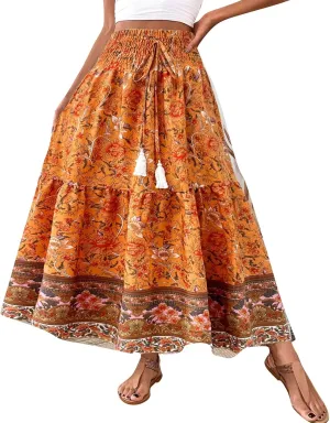 Cotton Skirts for Women High Waist Flowy A-Line Maxi Skirt Bohemian Long Skirt