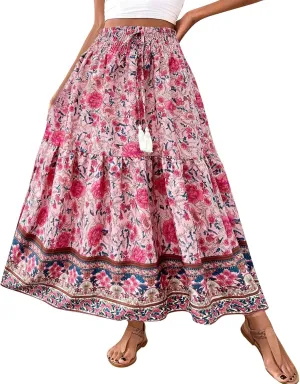Cotton Skirts for Women High Waist Flowy A-Line Maxi Skirt Bohemian Long Skirt