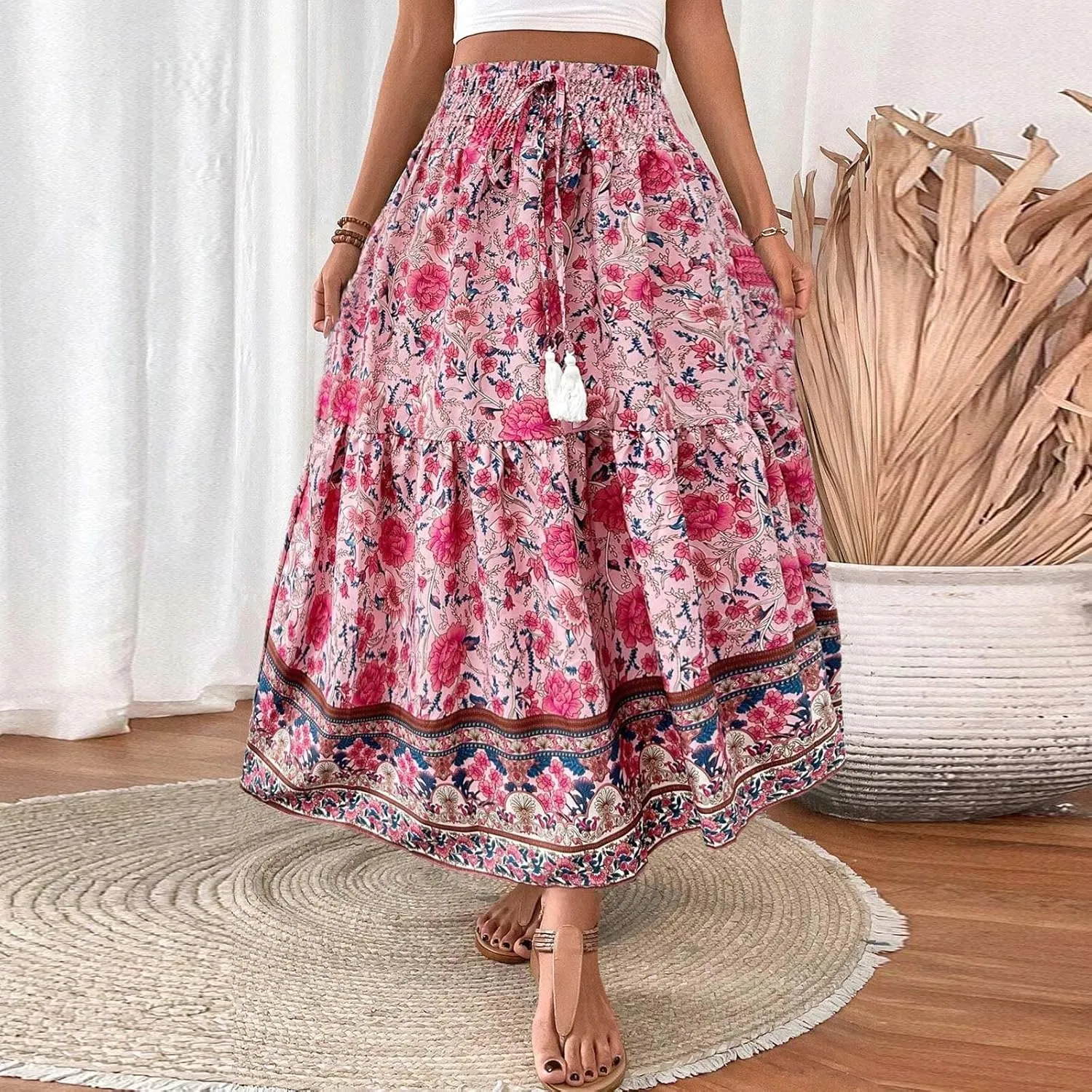 Cotton Skirts for Women High Waist Flowy A-Line Maxi Skirt Bohemian Long Skirt