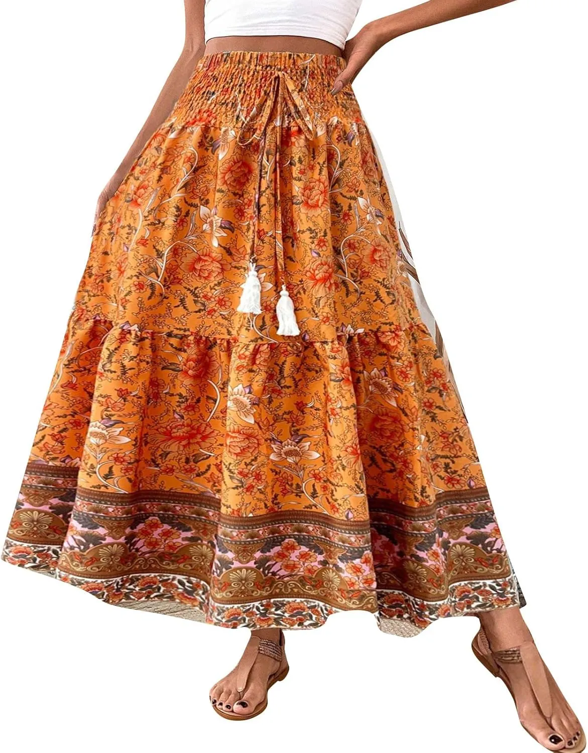 Cotton Skirts for Women High Waist Flowy A-Line Maxi Skirt Bohemian Long Skirt