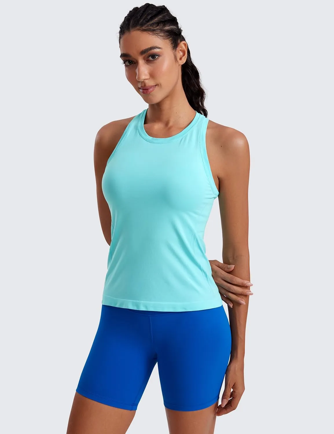 CRZ YOGA Seamless Womens Breathable Workout Tank Tops Racerback High Neck Sleeveless Running Athletic Shirts
