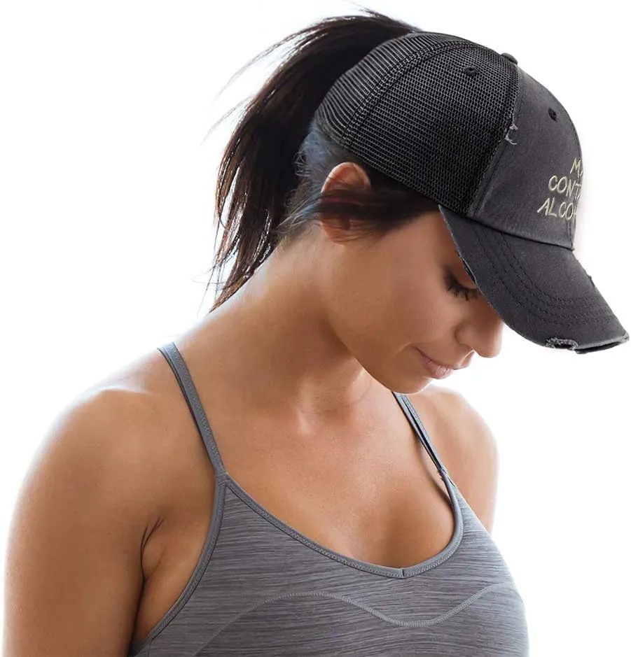 Custom Womens Ponytail Cap May Contain Alcohol Embroidery Cotton Strap Closure