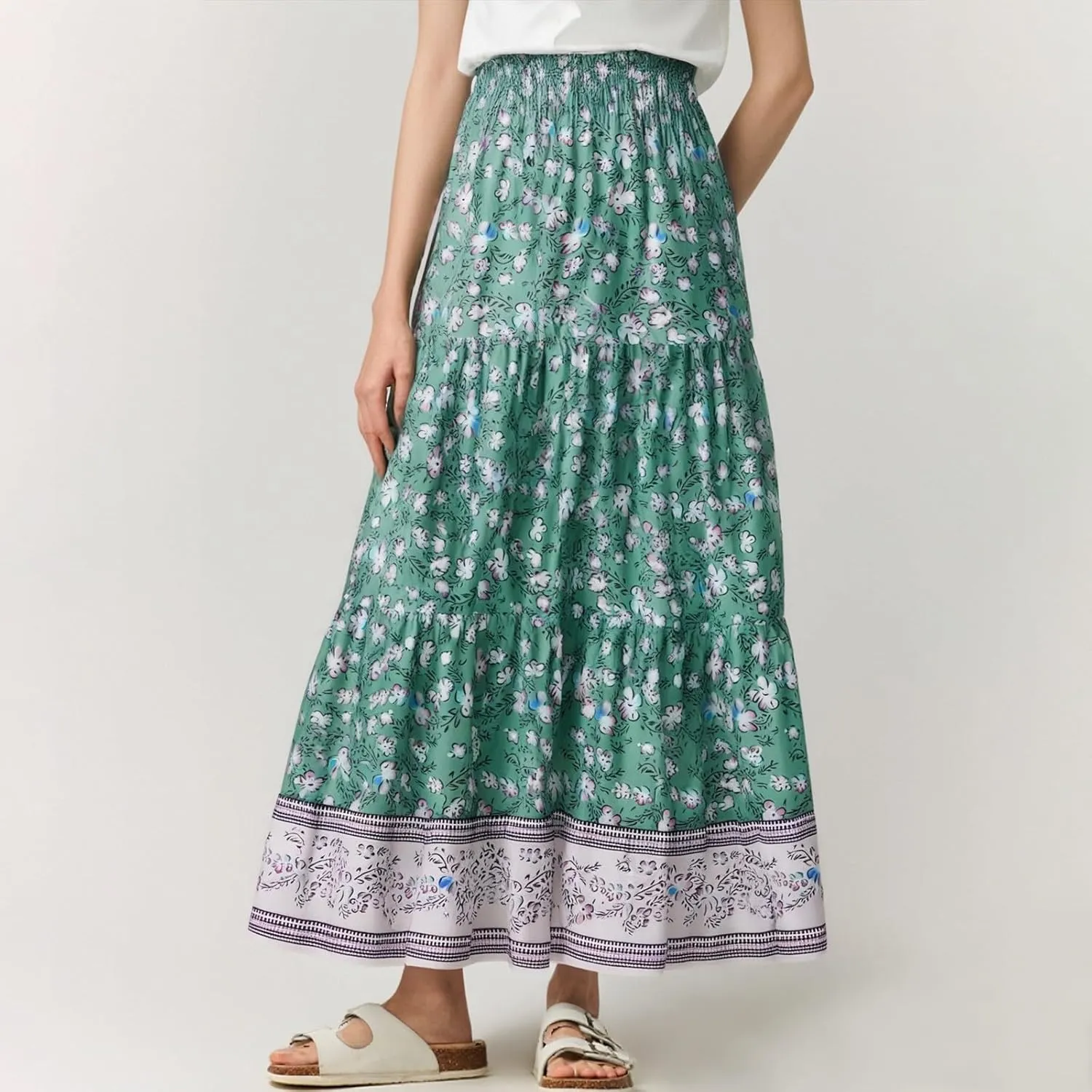 Cute Summer Skirts for Women Beach Maxi Skirt Drawstring High Waisted Smocked Tiered A Line Flowy Long Beach Skirt