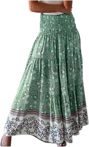 Cute Summer Skirts for Women Beach Maxi Skirt Drawstring High Waisted Smocked Tiered A Line Flowy Long Beach Skirt