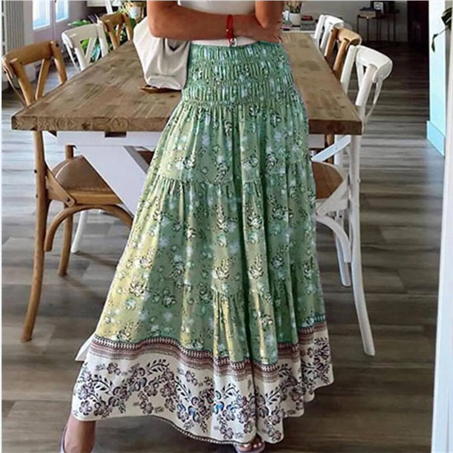 Cute Summer Skirts for Women Beach Maxi Skirt Drawstring High Waisted Smocked Tiered A Line Flowy Long Beach Skirt