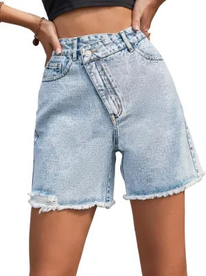 CYLADY Women's High Waisted Criss Crossover Denim Shorts Summer Straight Leg Jean Shorts with Pocket