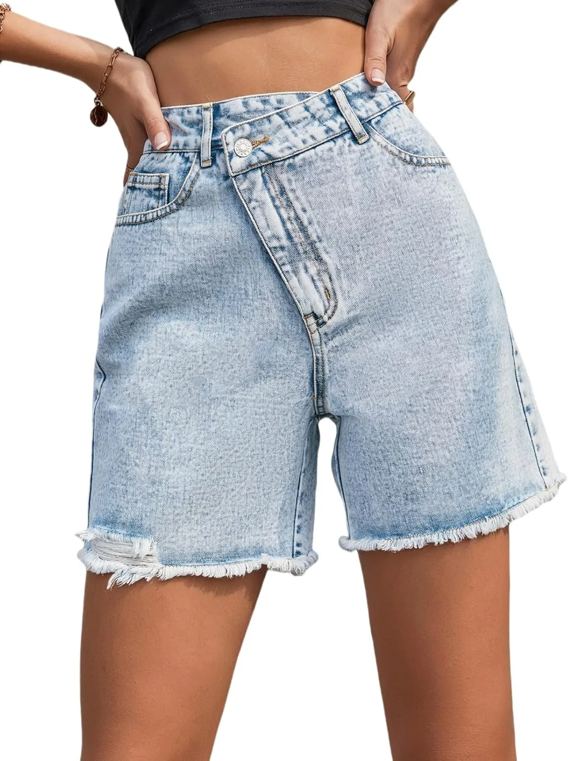 CYLADY Women's High Waisted Criss Crossover Denim Shorts Summer Straight Leg Jean Shorts with Pocket