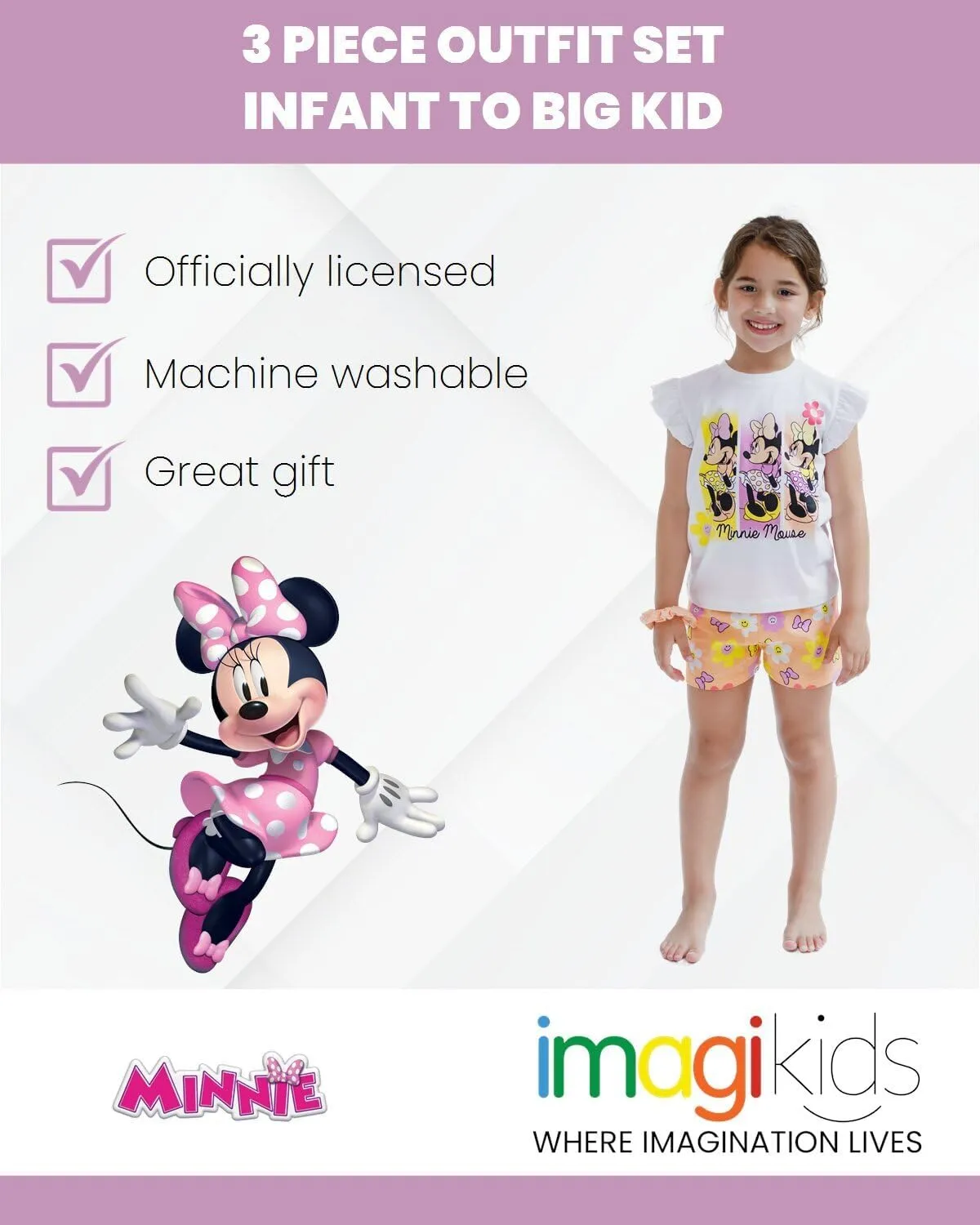 Disney Minnie Mouse T-Shirt French Terry Shorts and Scrunchie 3 Piece Outfit Set Infant to Big Kid