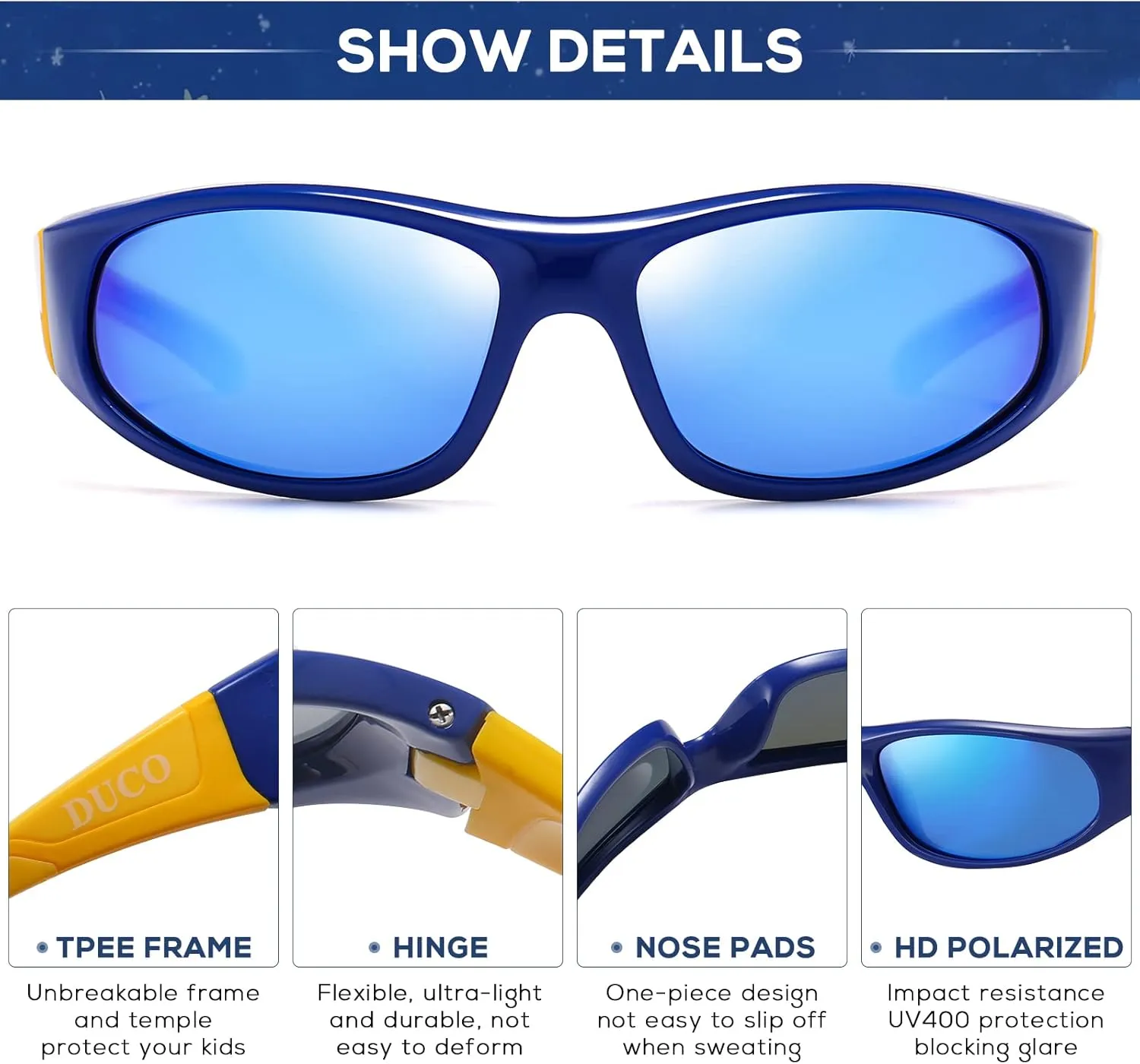 DUCO Sports Polarized Kids Sunglasses Boys Girls Unbreakable Youth Baseball Shades UV400 Protection Age 6-10 K001