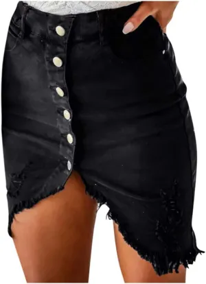 Fashion New Women's Denim Skirt Summer Button Design Split Front Open Skirts Irregular Hem Sexy Dress