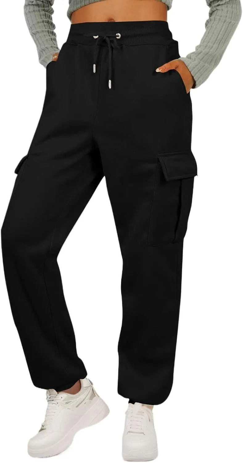 Fleece Cargo Sweatpants for Women Baggy Elastic High Waisted Joggers Casual Lounge Jogger Pull on Ankle Athletic Pants