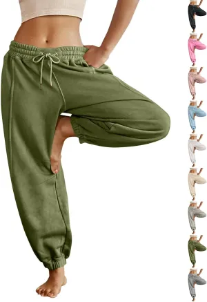 Fleece Lined Joggers Women Baggy Y2k Low Rise Sweatpants Loose Fit Athletic Pants Stretchy Yoga Pants with Pockets