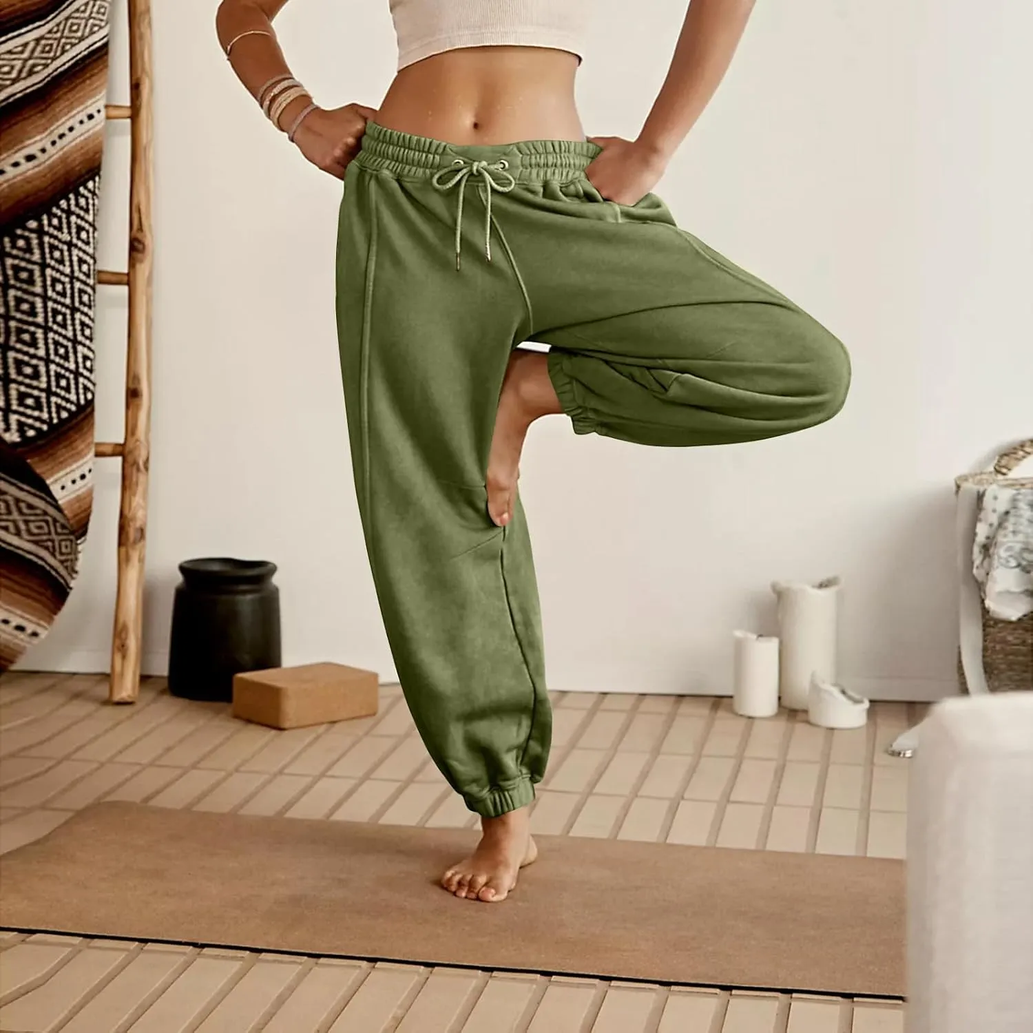 Fleece Lined Joggers Women Baggy Y2k Low Rise Sweatpants Loose Fit Athletic Pants Stretchy Yoga Pants with Pockets