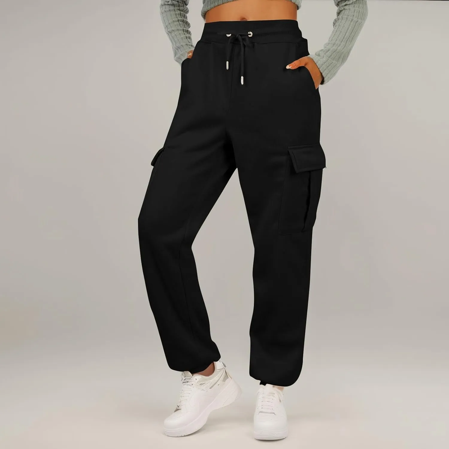 Fleece Womens Joggers with Pockets Baggy Elastic High Waisted Cargo Sweatpants Casual Lounge Ankle Jogger Pants