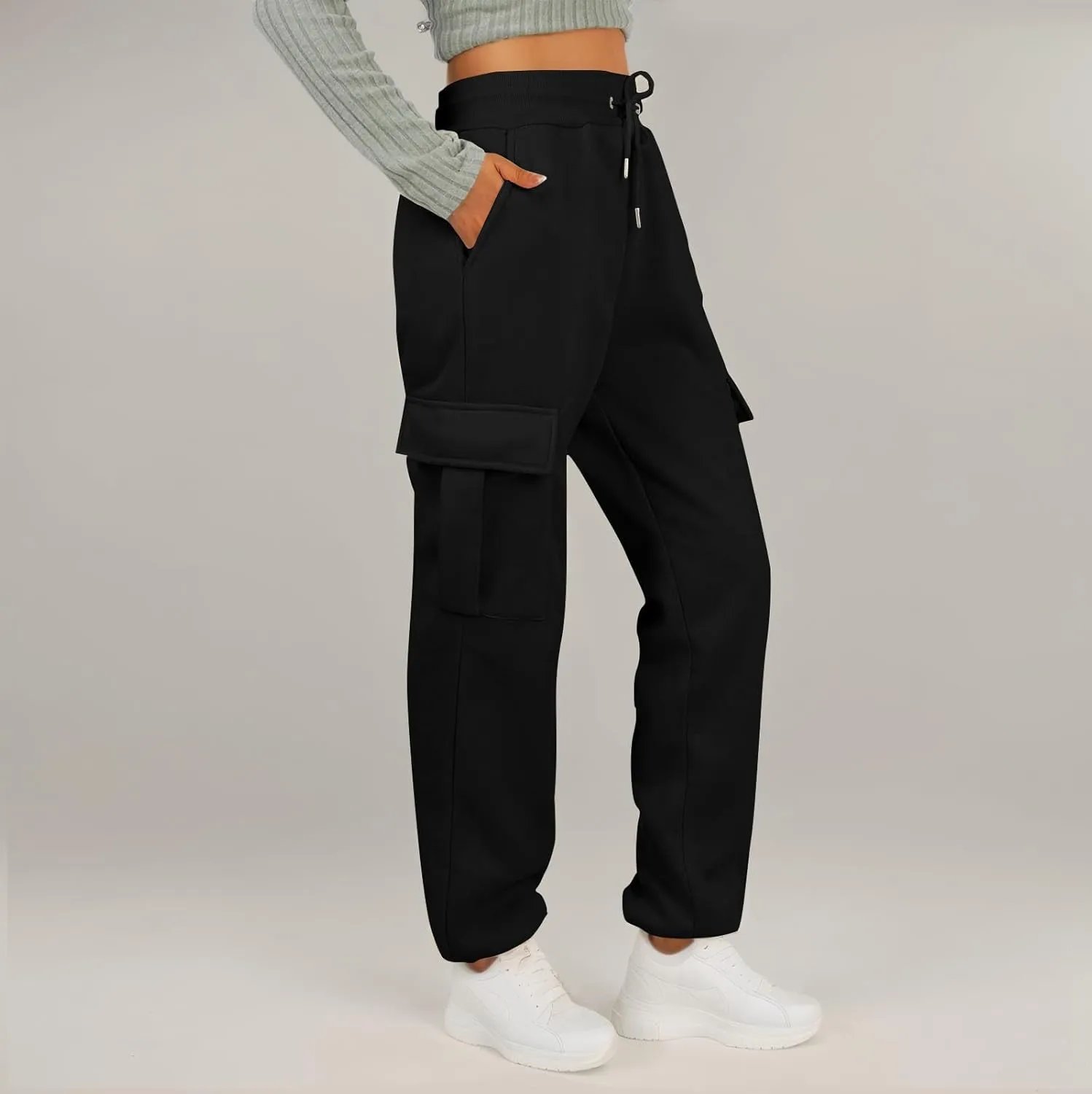 Fleece Womens Joggers with Pockets Baggy Elastic High Waisted Cargo Sweatpants Casual Lounge Ankle Jogger Pants
