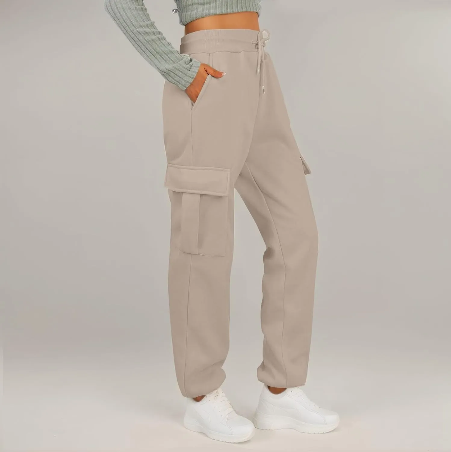 Fleece Womens Joggers with Pockets Baggy Elastic High Waisted Cargo Sweatpants Casual Lounge Ankle Jogger Pants