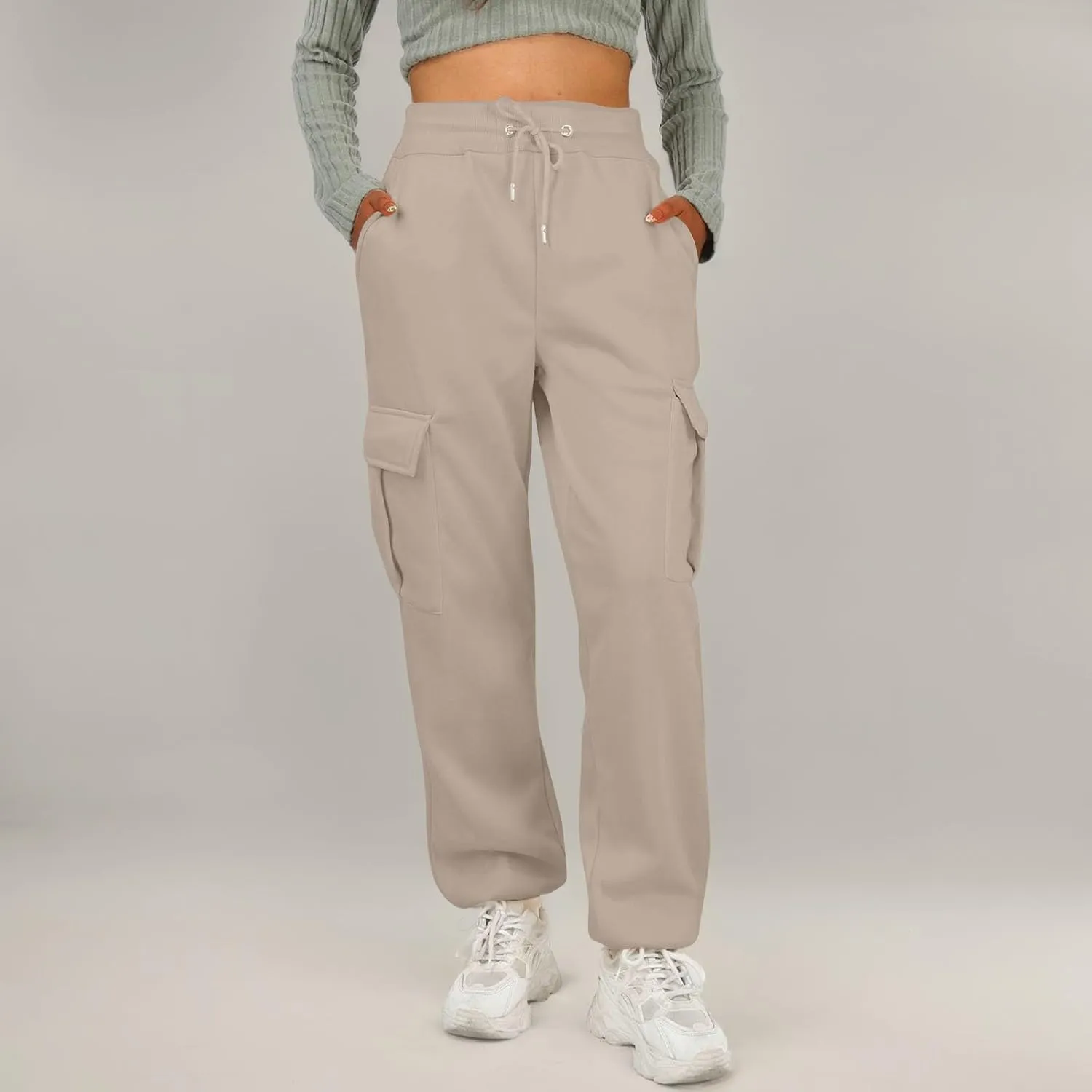 Fleece Womens Joggers with Pockets Baggy Elastic High Waisted Cargo Sweatpants Casual Lounge Ankle Jogger Pants