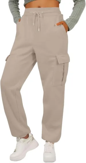 Fleece Womens Joggers with Pockets Baggy Elastic High Waisted Cargo Sweatpants Casual Lounge Ankle Jogger Pants