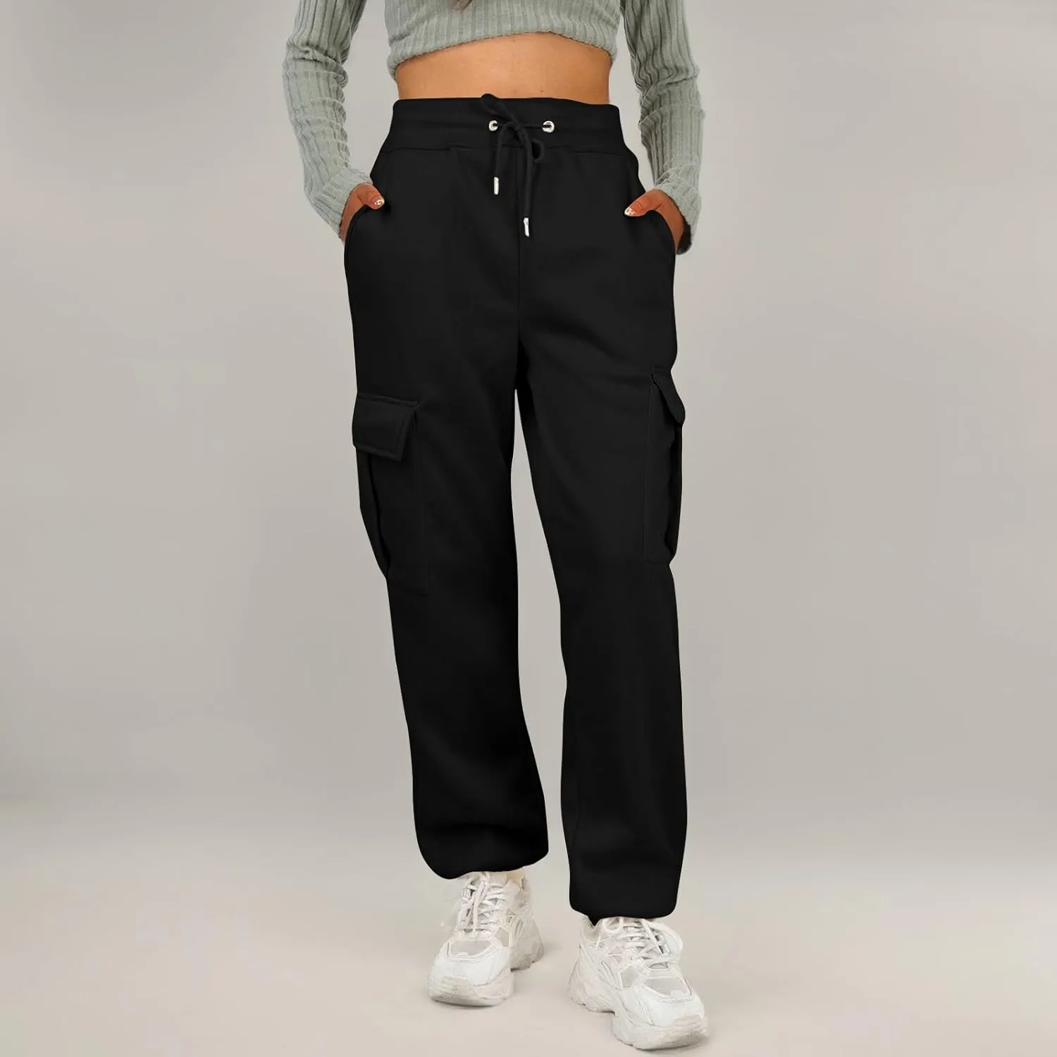 Fleece Womens Joggers with Pockets Baggy Elastic High Waisted Cargo Sweatpants Casual Lounge Ankle Jogger Pants