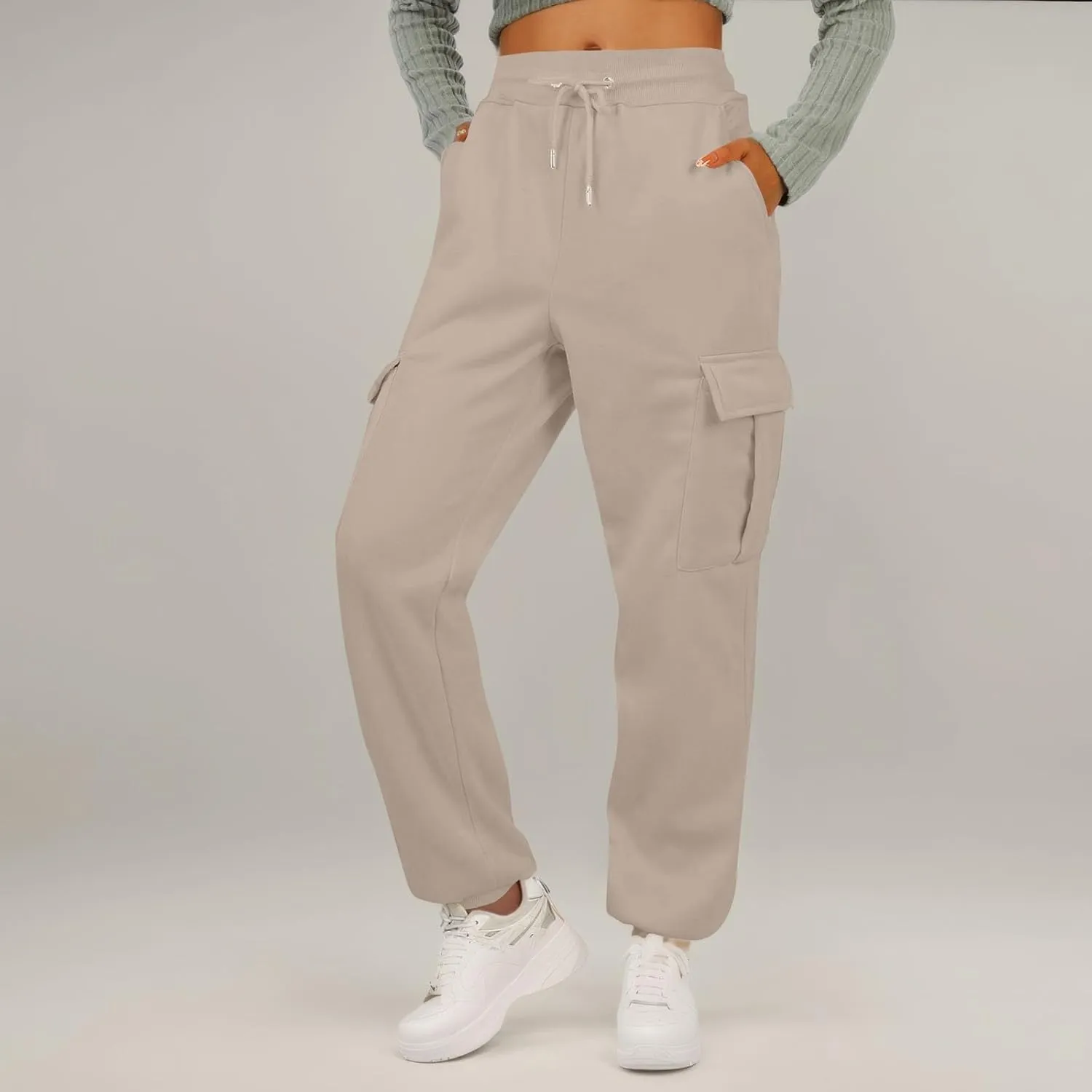 Fleece Womens Joggers with Pockets Baggy Elastic High Waisted Cargo Sweatpants Casual Lounge Ankle Jogger Pants