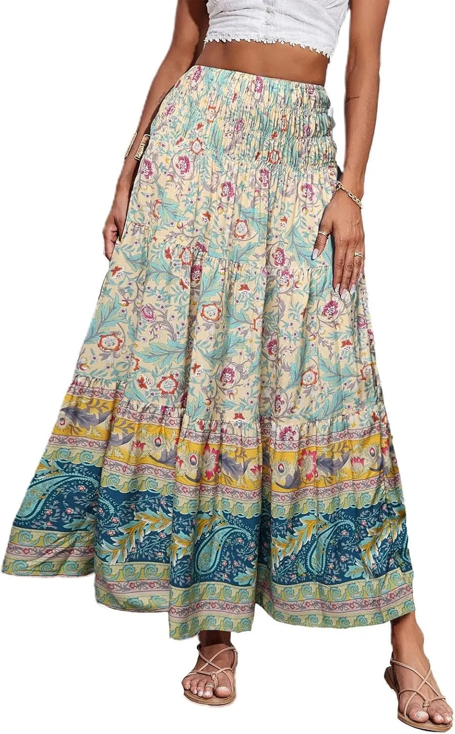 Floral Pleated Skirts for Women Midi Length Summer Casual Boho High Waisted Flowy Plus Size Tiered A Line Skirt