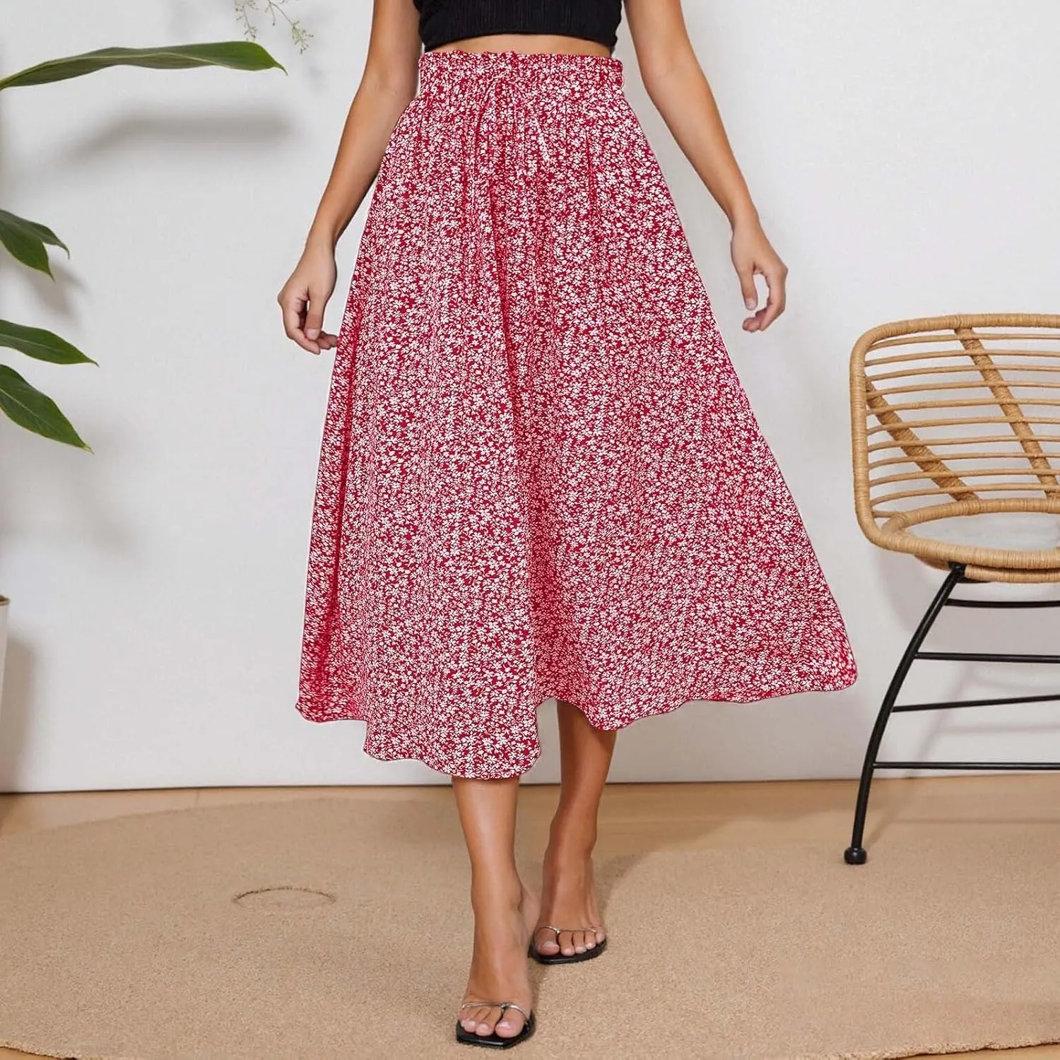 Floral Skirts for Women Midi Length Drawstring High Waisted Flowy Maxi Skirt Lightweight A Line Midi Skorts Trendy