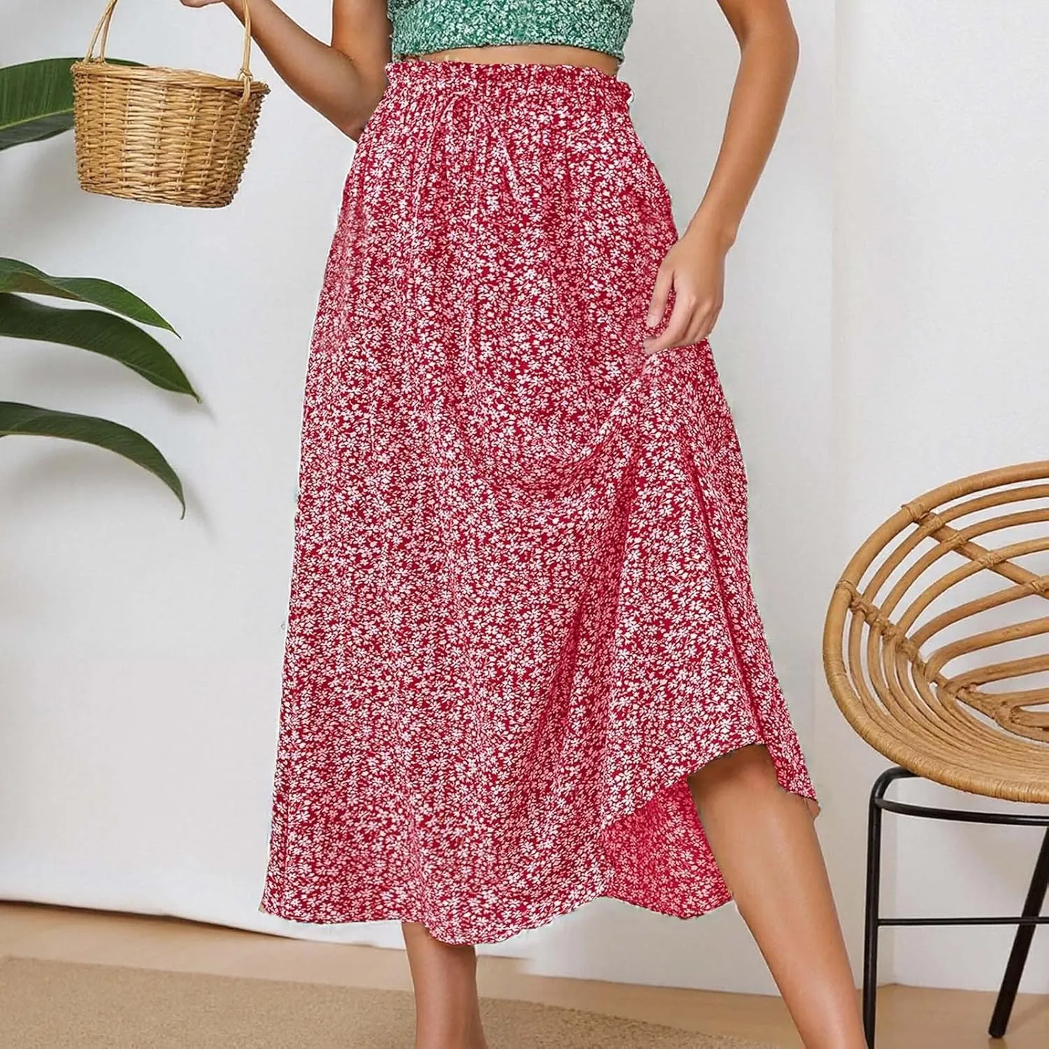 Floral Skirts for Women Midi Length Drawstring High Waisted Flowy Maxi Skirt Lightweight A Line Midi Skorts Trendy