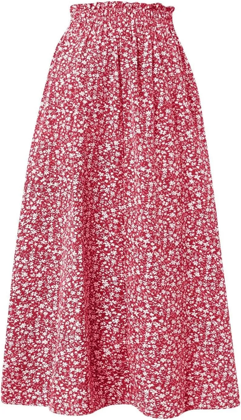 Floral Skirts for Women Midi Length Drawstring High Waisted Flowy Maxi Skirt Lightweight A Line Midi Skorts Trendy