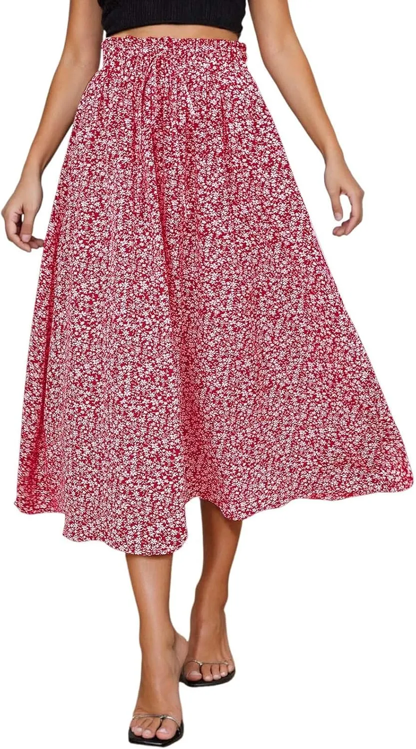 Floral Skirts for Women Midi Length Drawstring High Waisted Flowy Maxi Skirt Lightweight A Line Midi Skorts Trendy