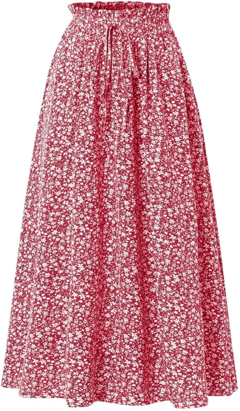Floral Skirts for Women Midi Length Drawstring High Waisted Flowy Maxi Skirt Lightweight A Line Midi Skorts Trendy