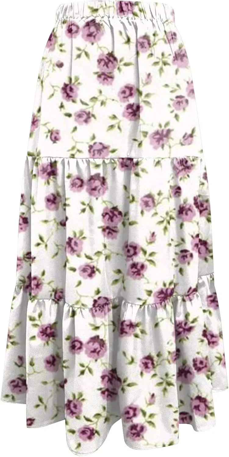 Floral Skirts for Women Summer 2025 Boha Floral Print Baggy Flowy High Elastic Waist Palazzo Skirts Trendy Clothes