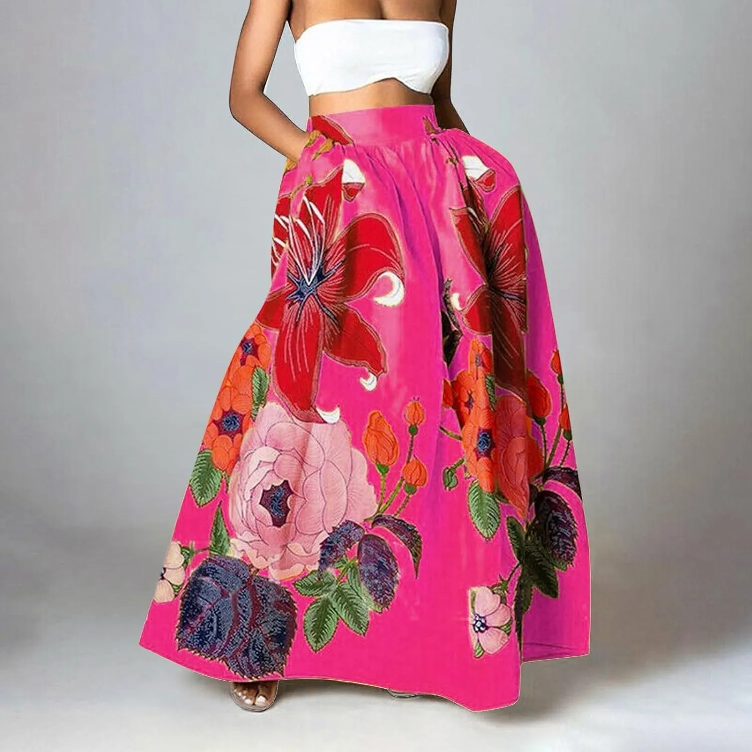 Floral Skirts for Women Summer Flowy High Waisted Skirt Boho Vacation A-Line Swing Long Floral Maxi Skirts